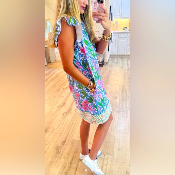 Umgee Blue and Pink Floral ruffle sleeve half zip Dress - Picture 3 of 11